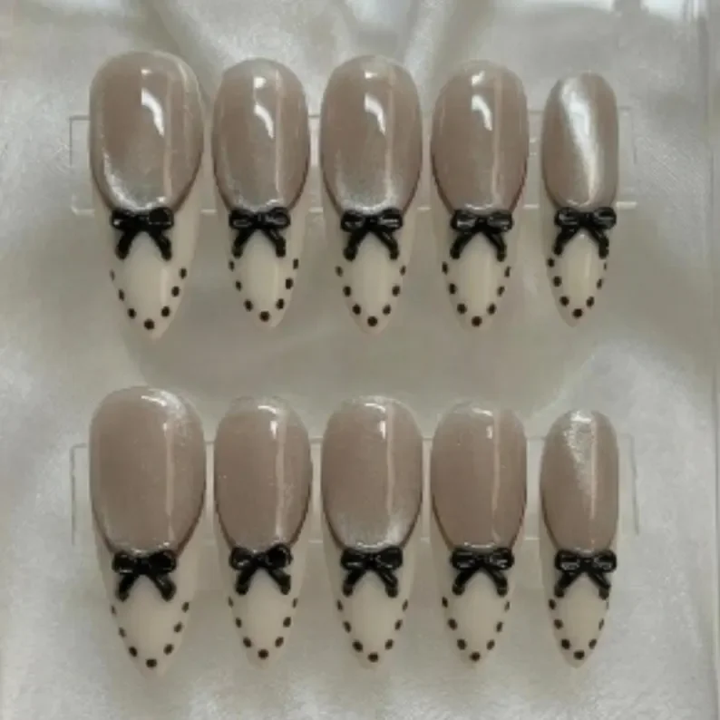3D Bow Nails, Cat Eye French, press on nails, custom press on nails, fake nails, Nails Art, stained glass nails, gold press on nails, 3d press on nails, luxury press on nails, handmade press on nails