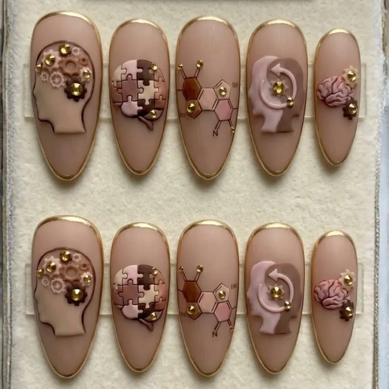 3D brain nails, psychology press on, press on nails, custom press on nails, fake nails, Nails Art, stained glass nails, gold press on nails, 3d press on nails, luxury press on nails, handmade press on nails