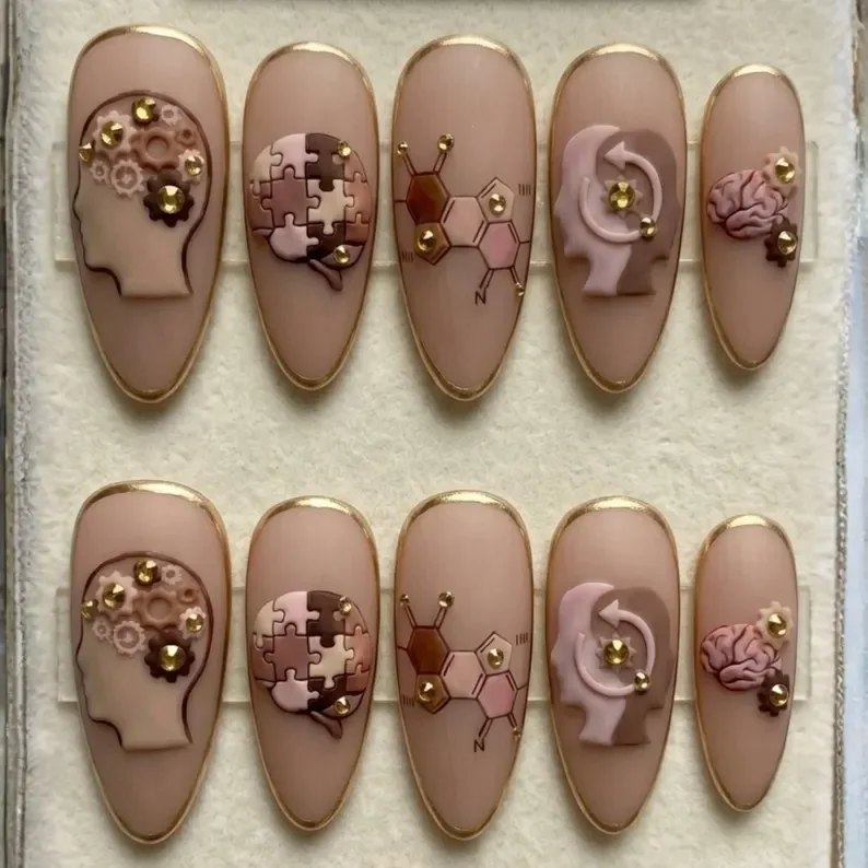 3D brain nails, psychology press on, press on nails, custom press on nails, fake nails, Nails Art, stained glass nails, gold press on nails, 3d press on nails, luxury press on nails, handmade press on nails