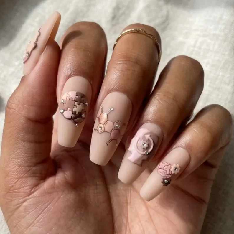 3D nail art, psychology themed nails, press on nails, custom press on nails, fake nails, Nails Art, stained glass nails, gold press on nails, 3d press on nails, luxury press on nails, handmade press on nails