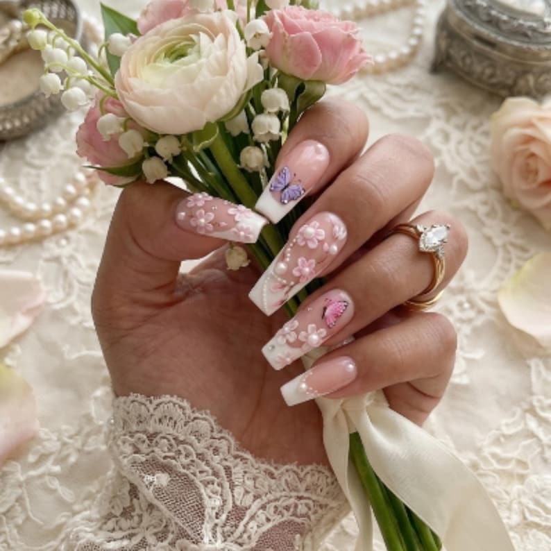 French tip nails, romantic coquette, press on nails, custom press on nails, fake nails, Nails Art, stained glass nails, gold press on nails, 3d press on nails, luxury press on nails, handmade press on nails
