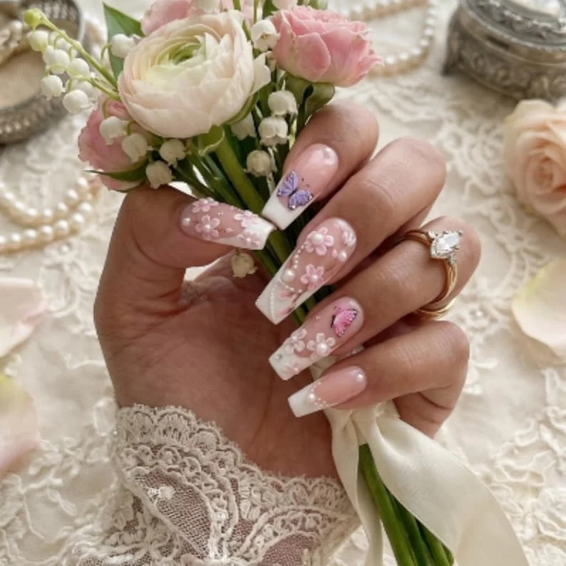 3D bridal nails, butterfly press ons, press on nails, custom press on nails, fake nails, Nails Art, stained glass nails, gold press on nails, 3d press on nails, luxury press on nails, handmade press on nails