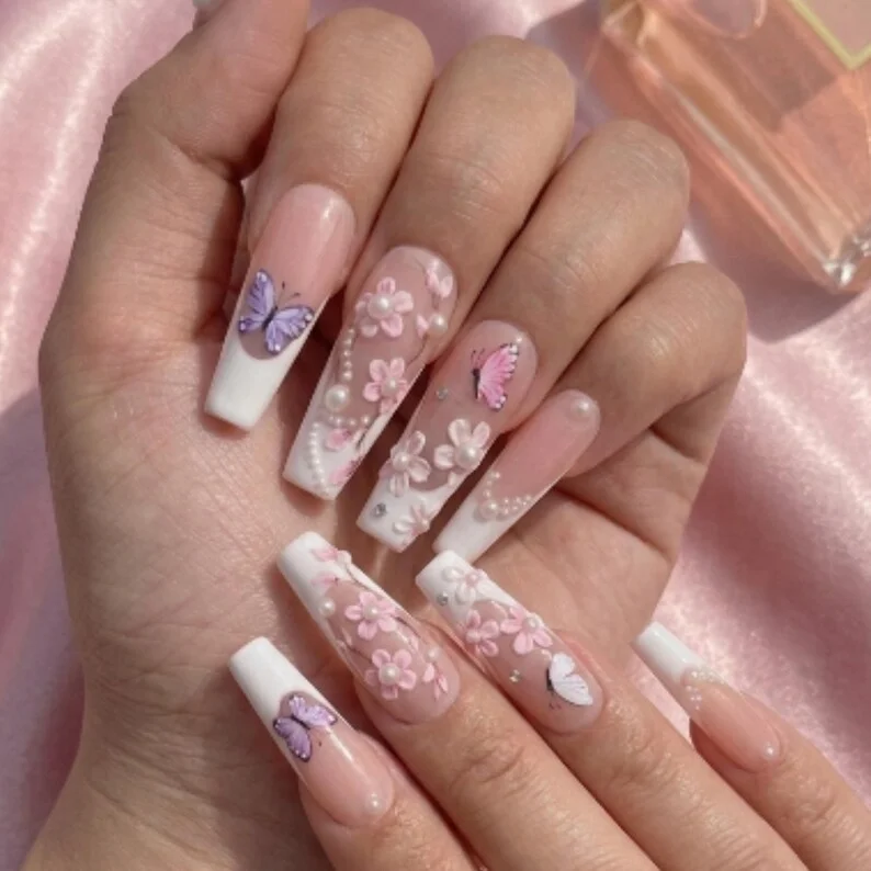 bridal nail set, flower nail design, press on nails, custom press on nails, fake nails, Nails Art, stained glass nails, gold press on nails, 3d press on nails, luxury press on nails, handmade press on nails
