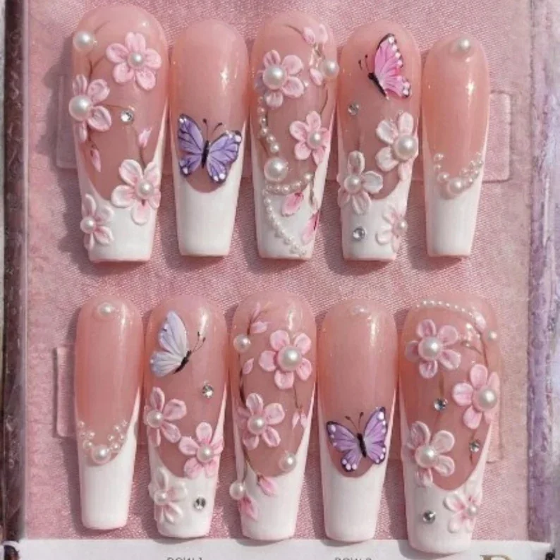 3D bridal nails, butterfly press ons, press on nails, custom press on nails, fake nails, Nails Art, stained glass nails, gold press on nails, 3d press on nails, luxury press on nails, handmade press on nails