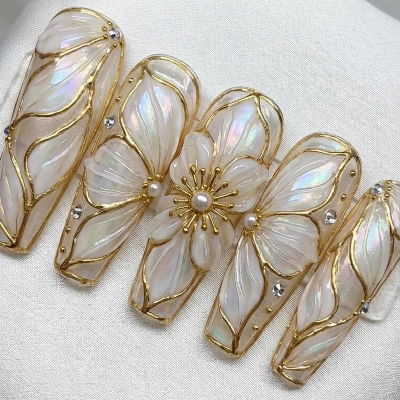 Press On Nails, Imperial Bloom, press on nails, custom press on nails, fake nails, Nails Art, stained glass nails, gold press on nails, 3d press on nails, luxury press on nails, handmade press on nails