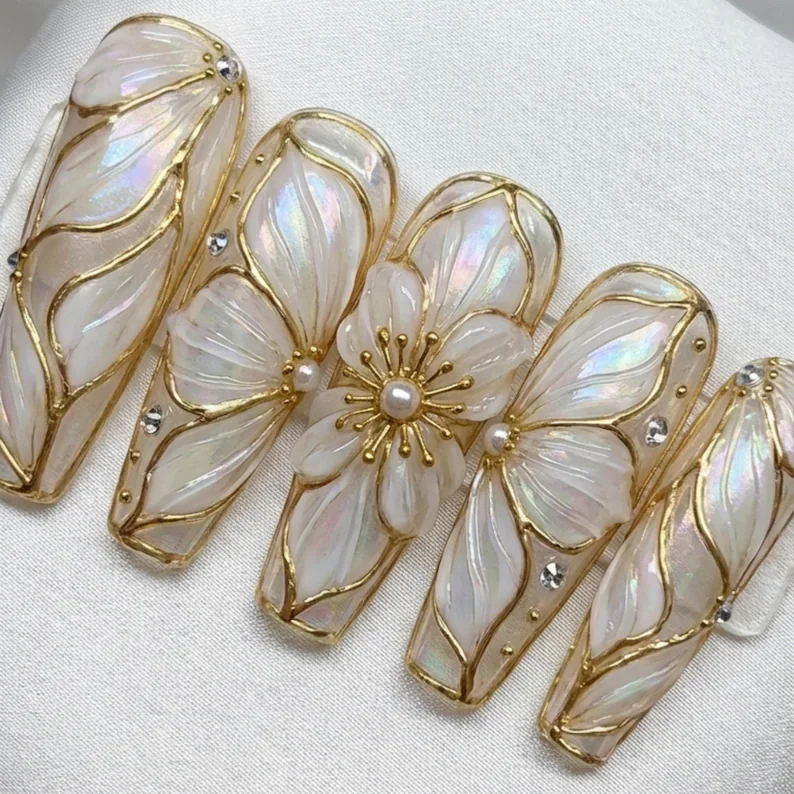 3D Bridal Nails, Stained Glass Nails, press on nails, custom press on nails, fake nails, Nails Art, stained glass nails, gold press on nails, 3d press on nails, luxury press on nails, handmade press on nails