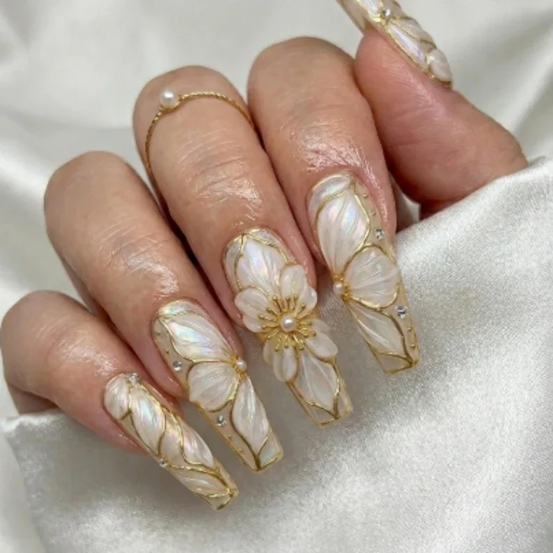 Press On Nails, Imperial Bloom, press on nails, custom press on nails, fake nails, Nails Art, stained glass nails, gold press on nails, 3d press on nails, luxury press on nails, handmade press on nails
