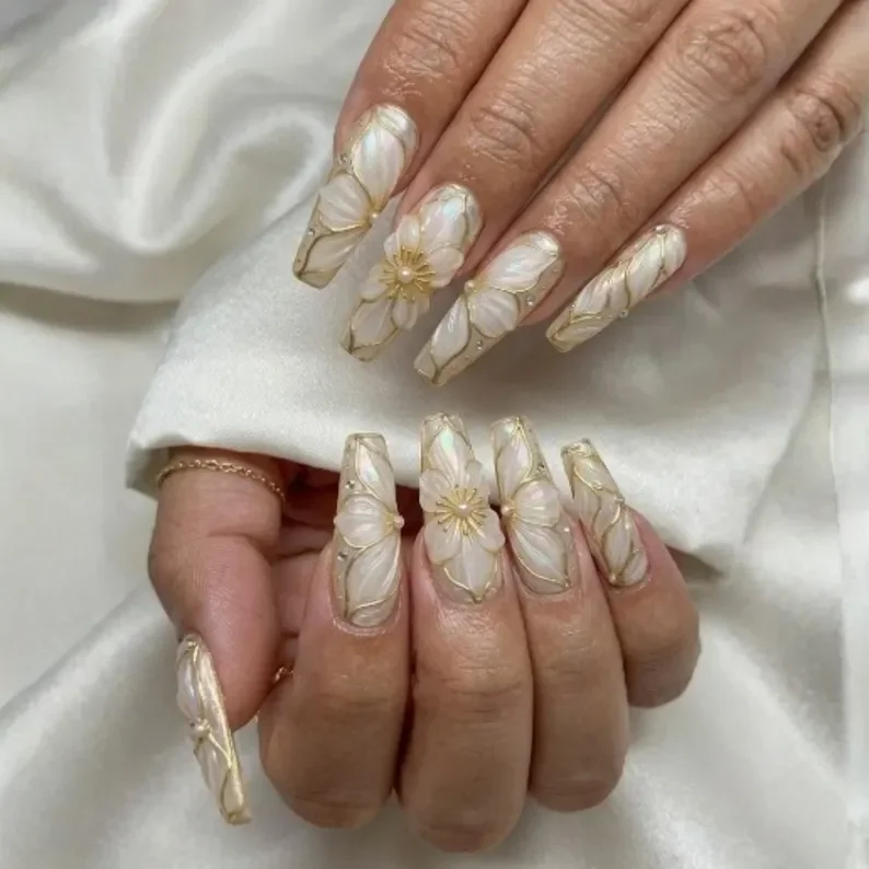 Wedding Nail Art, Bridal Nail Design, press on nails, custom press on nails, fake nails, Nails Art, stained glass nails, gold press on nails, 3d press on nails, luxury press on nails, handmade press on nails