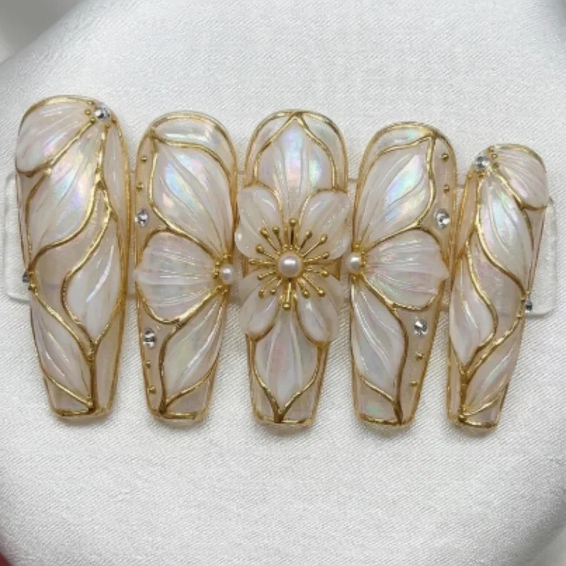 3D Bridal Nails, Stained Glass Nails, press on nails, custom press on nails, fake nails, Nails Art, stained glass nails, gold press on nails, 3d press on nails, luxury press on nails, handmade press on nails