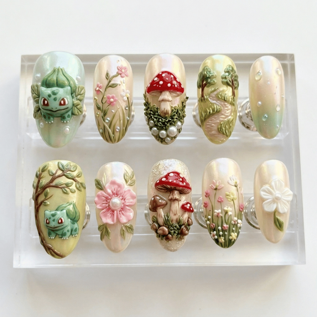 3D Bulbasaur nails, Press on nails, press on nails, custom press on nails, fake nails, Nails Art, stained glass nails, gold press on nails, 3d press on nails, luxury press on nails, handmade press on nails