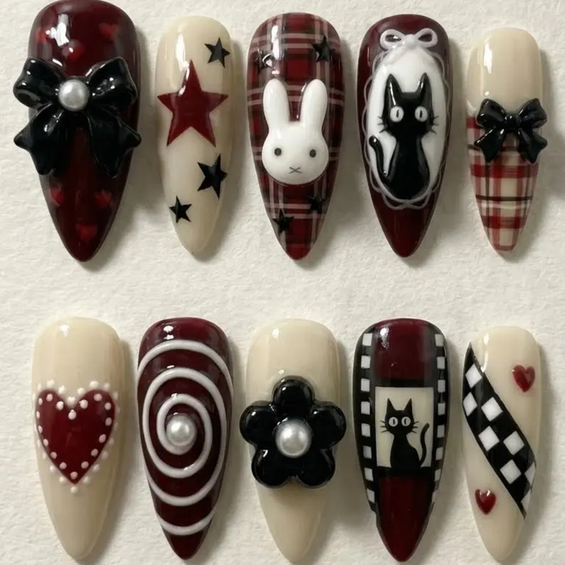 Y2K Coquette Nails, Coquette Nail Art, press on nails, custom press on nails, fake nails, Nails Art, stained glass nails, gold press on nails, 3d press on nails, luxury press on nails, handmade press on nails