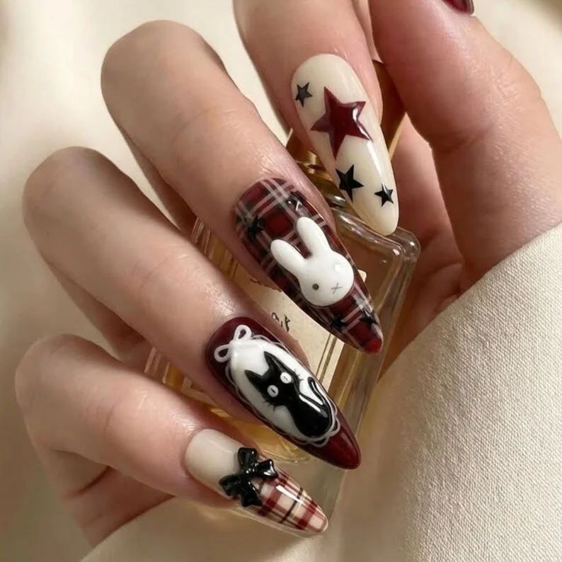 Gothic Lolita Nails, Y2K Coquette Nails, press on nails, custom press on nails, fake nails, Nails Art, stained glass nails, gold press on nails, 3d press on nails, luxury press on nails, handmade press on nails