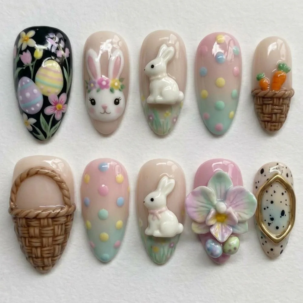 3D Bunny Nails, Easter Press On, press on nails, custom press on nails, fake nails, Nails Art, stained glass nails, gold press on nails, 3d press on nails, luxury press on nails, handmade press on nails