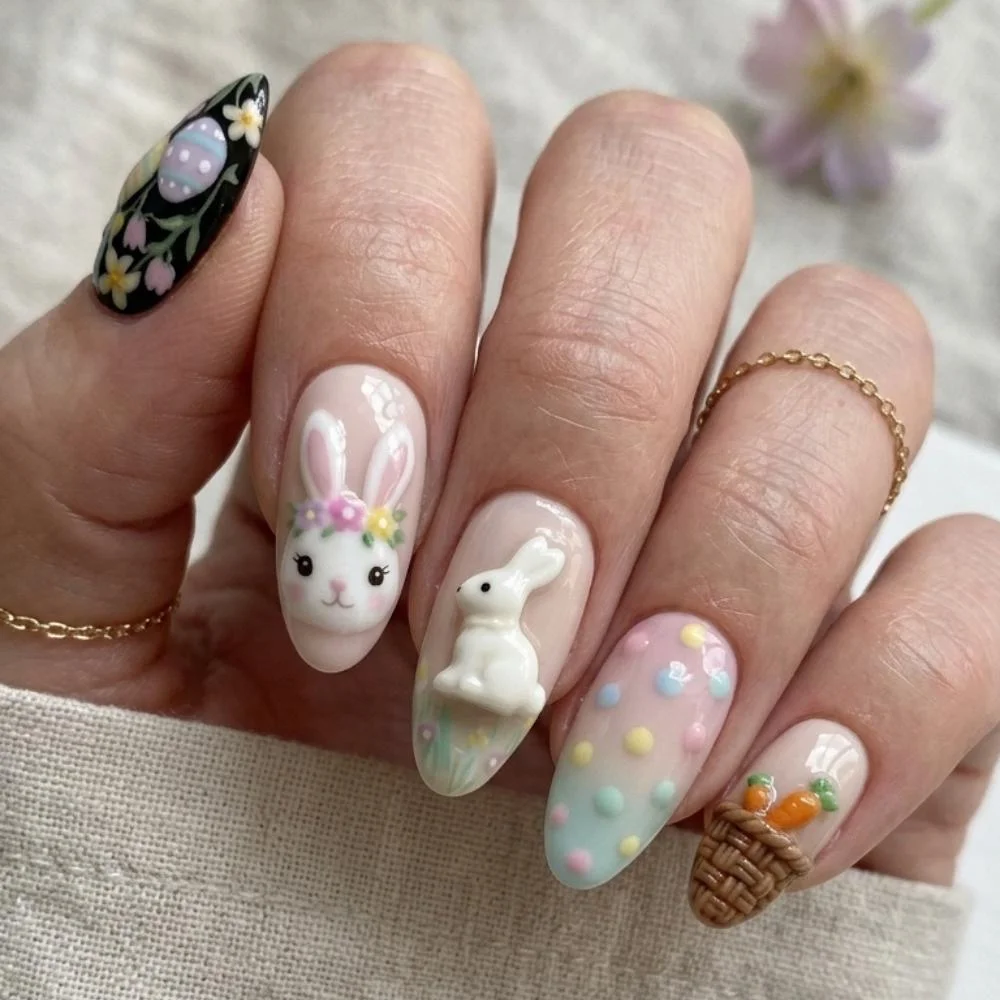 Pastel Flower Basket, False Nails, press on nails, custom press on nails, fake nails, Nails Art, stained glass nails, gold press on nails, 3d press on nails, luxury press on nails, handmade press on nails