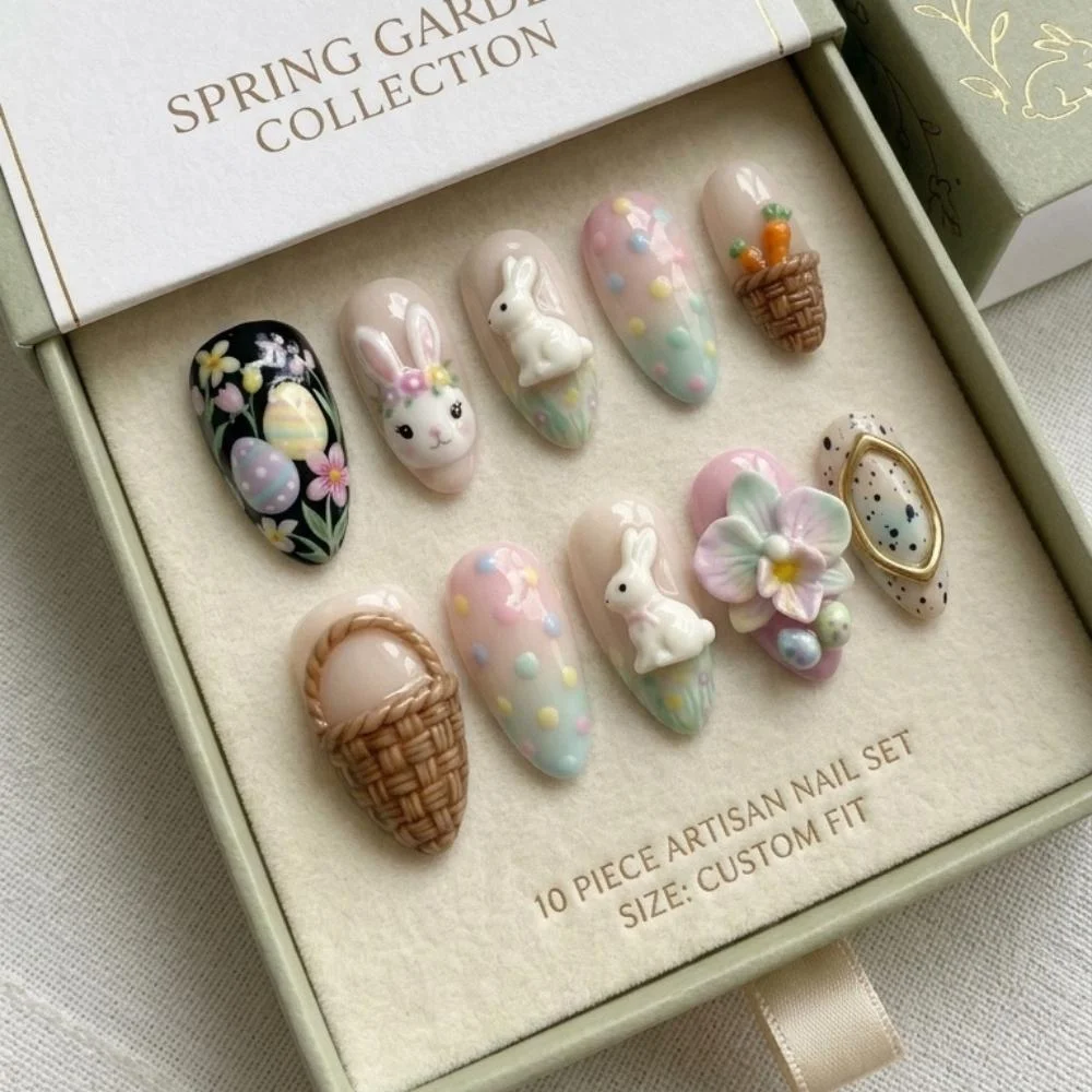Bunny Easter, Flower Basket Nails, press on nails, custom press on nails, fake nails, Nails Art, stained glass nails, gold press on nails, 3d press on nails, luxury press on nails, handmade press on nails