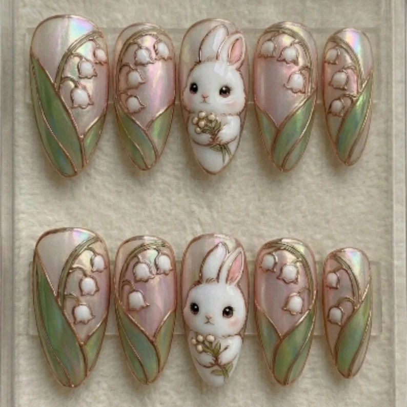3D Bunny nails, Lily of the Valley, press on nails, custom press on nails, fake nails, Nails Art, stained glass nails, gold press on nails, 3d press on nails, luxury press on nails, handmade press on nails