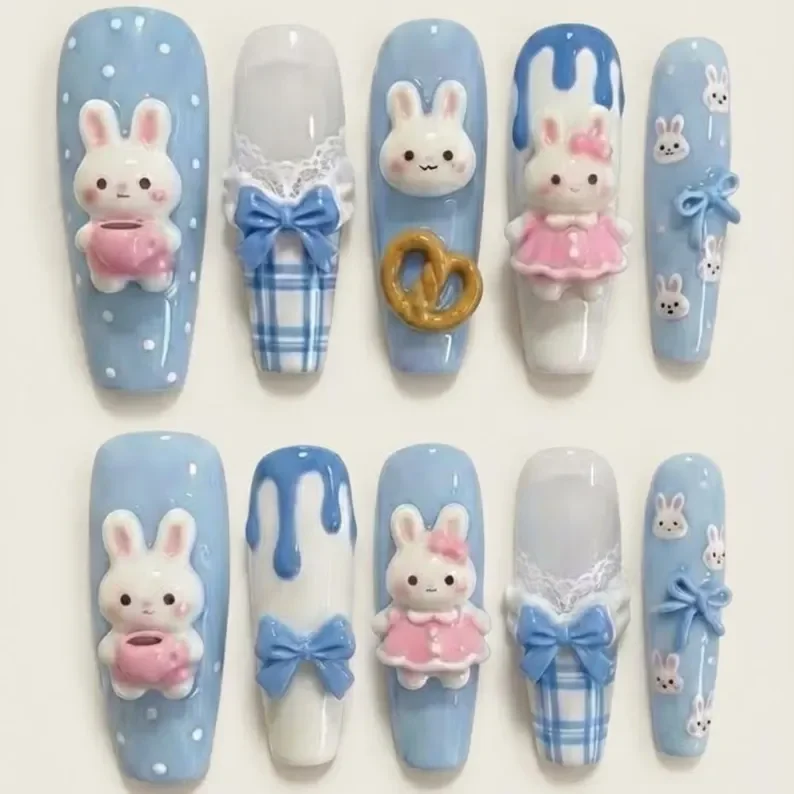 3D Bunny Press On, Press On Nails, press on nails, custom press on nails, fake nails, Nails Art, stained glass nails, gold press on nails, 3d press on nails, luxury press on nails, handmade press on nails
