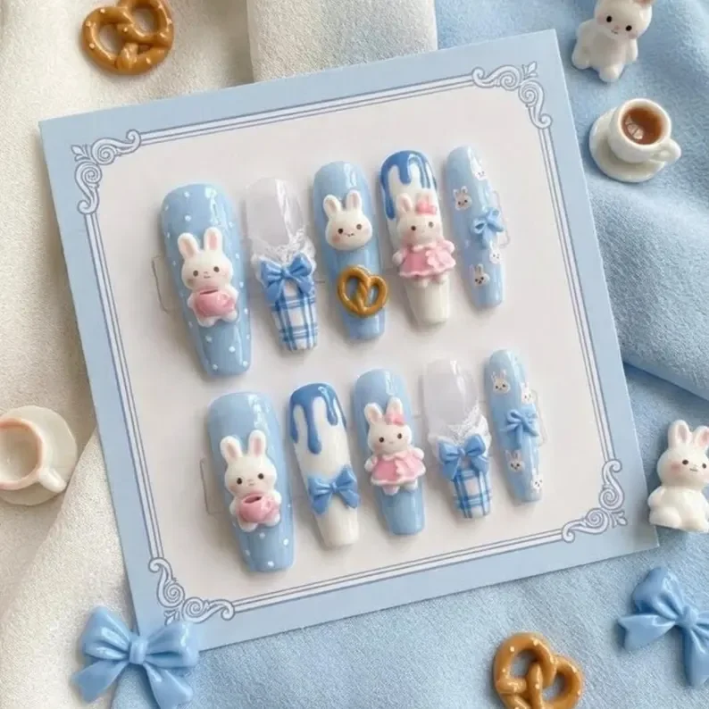 Kawaii Blue Gingham, Coquette Nail Art, press on nails, custom press on nails, fake nails, Nails Art, stained glass nails, gold press on nails, 3d press on nails, luxury press on nails, handmade press on nails