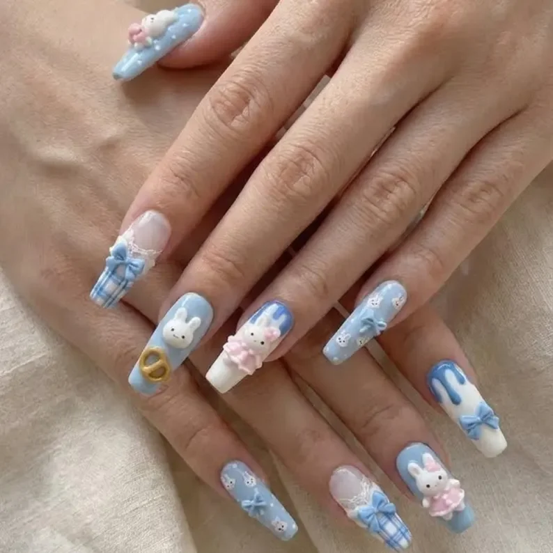 Gingham Nail Design, Blue Coquette Nails, press on nails, custom press on nails, fake nails, Nails Art, stained glass nails, gold press on nails, 3d press on nails, luxury press on nails, handmade press on nails