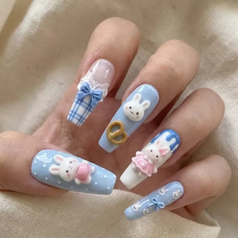 3D Bunny Nails, Kawaii Nail Art, press on nails, custom press on nails, fake nails, Nails Art, stained glass nails, gold press on nails, 3d press on nails, luxury press on nails, handmade press on nails