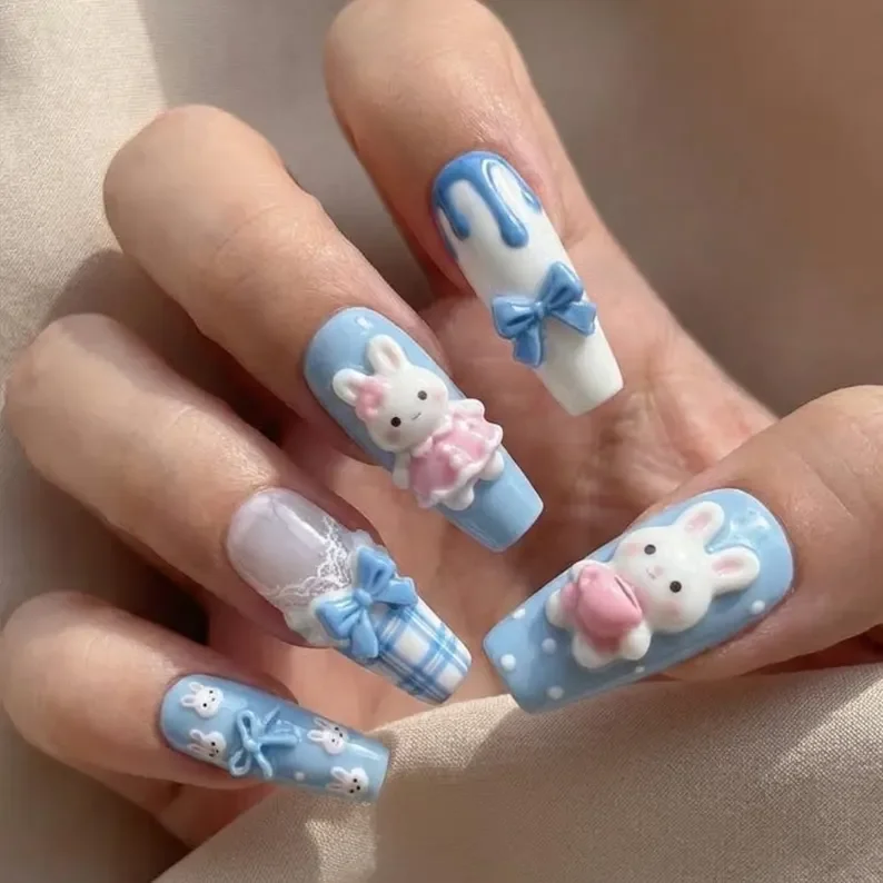 3D Bunny Press On, Press On Nails, press on nails, custom press on nails, fake nails, Nails Art, stained glass nails, gold press on nails, 3d press on nails, luxury press on nails, handmade press on nails