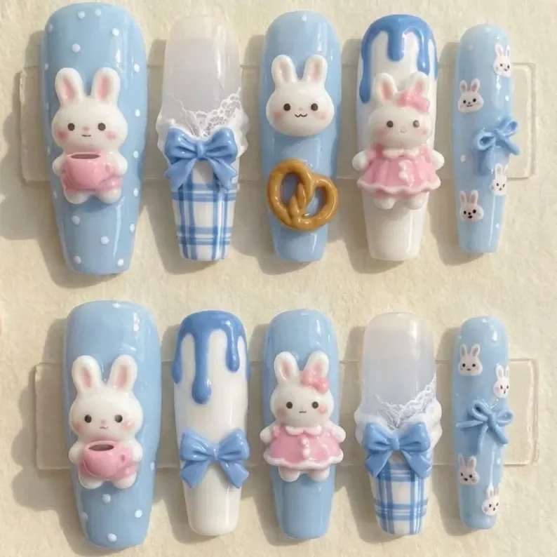 Kawaii Blue Gingham, Coquette Nail Art, press on nails, custom press on nails, fake nails, Nails Art, stained glass nails, gold press on nails, 3d press on nails, luxury press on nails, handmade press on nails