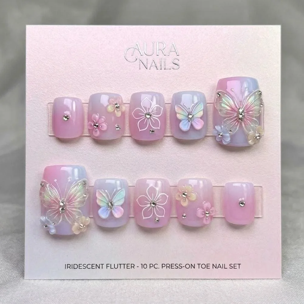 3D Butterfly Aura, Press On Toes, press on nails, custom press on nails, fake nails, Nails Art, stained glass nails, gold press on nails, 3d press on nails, luxury press on nails, handmade press on nails