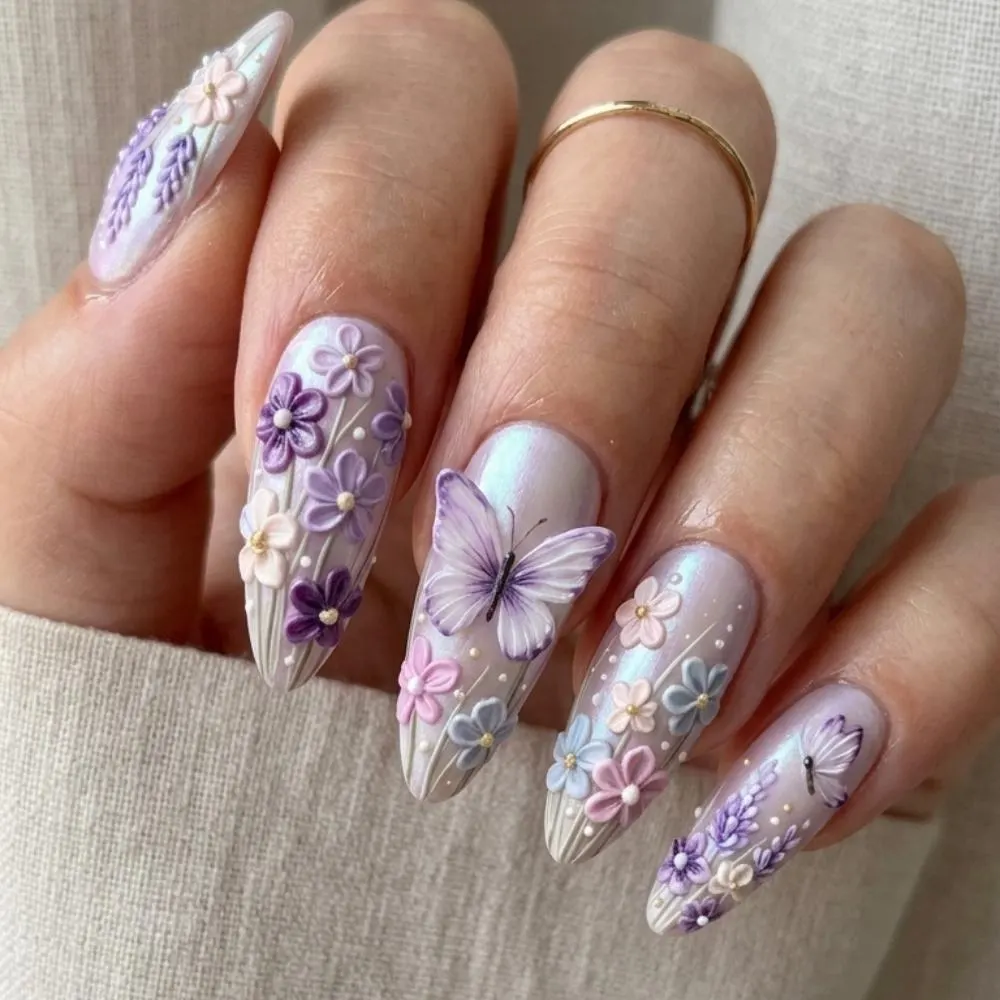 3D Butterfly Nails, Lavender Press On, press on nails, custom press on nails, fake nails, Nails Art, stained glass nails, gold press on nails, 3d press on nails, luxury press on nails, handmade press on nails