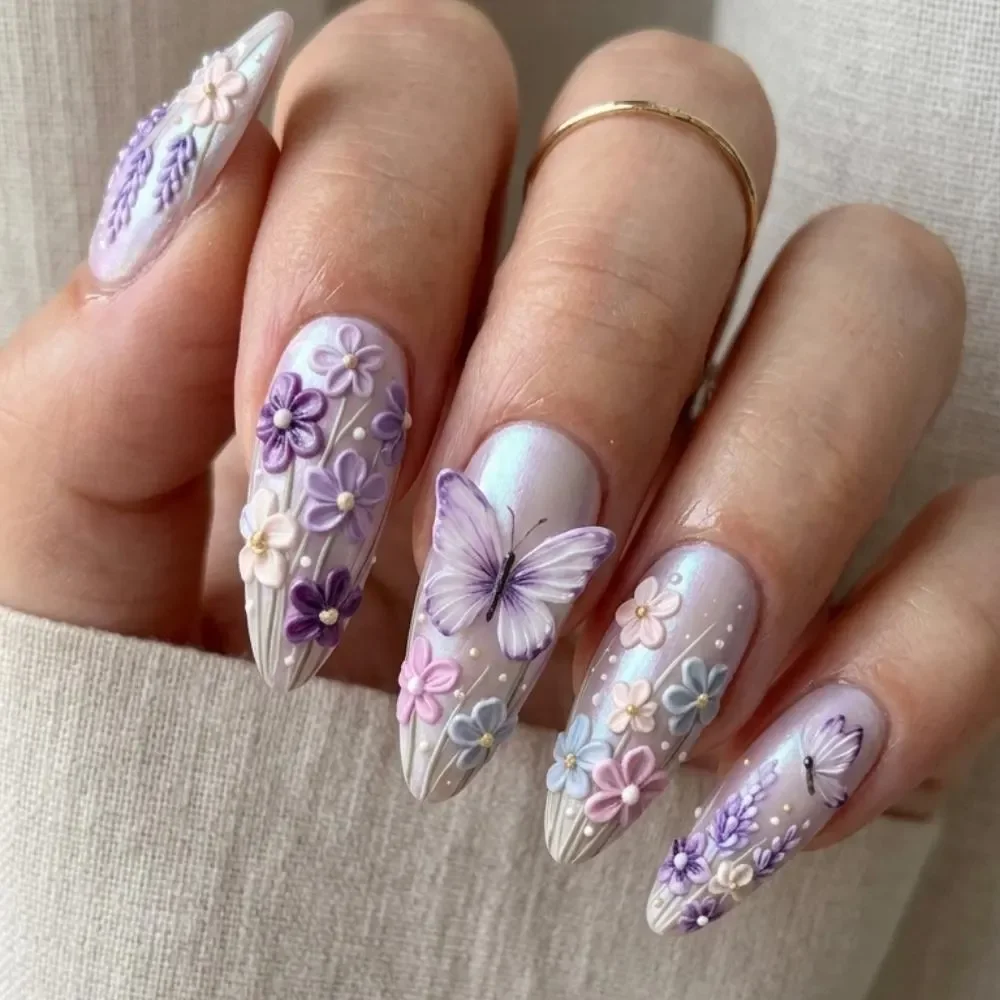 3D Butterfly Nails, Lavender Press On, press on nails, custom press on nails, fake nails, Nails Art, stained glass nails, gold press on nails, 3d press on nails, luxury press on nails, handmade press on nails