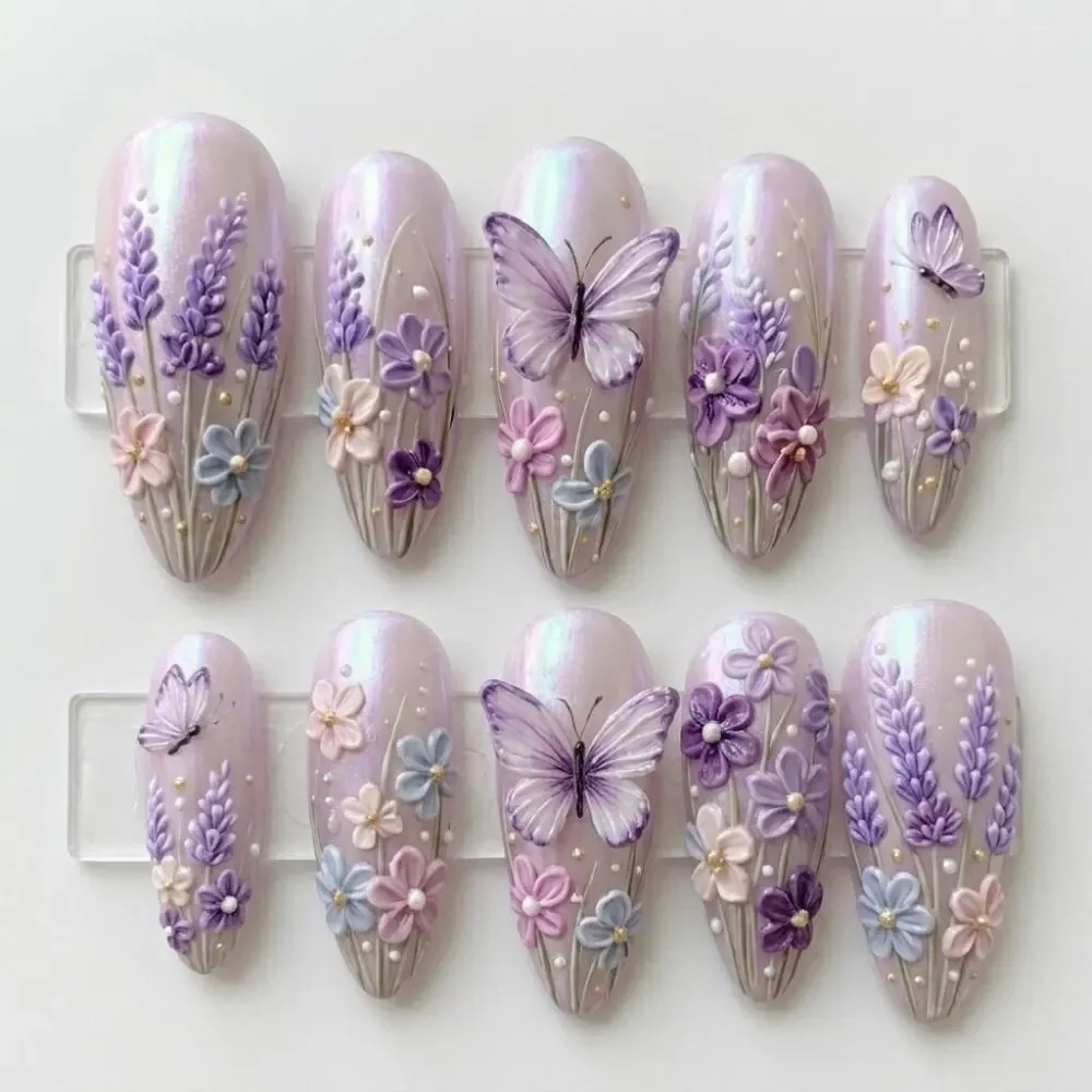 Iridescent Fake Nails, Floral Fairycore, press on nails, custom press on nails, fake nails, Nails Art, stained glass nails, gold press on nails, 3d press on nails, luxury press on nails, handmade press on nails