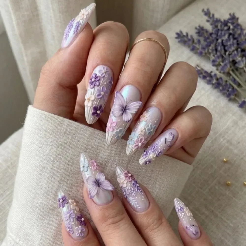 Fairycore Fake Nails, Iridescent Floral, press on nails, custom press on nails, fake nails, Nails Art, stained glass nails, gold press on nails, 3d press on nails, luxury press on nails, handmade press on nails