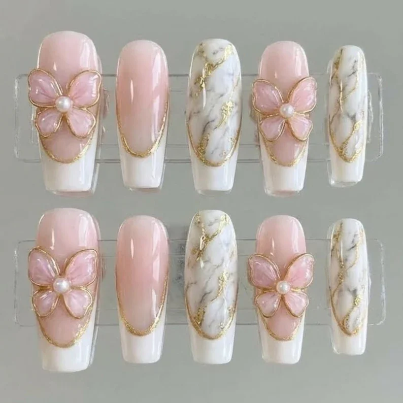 3D Butterfly Nails, Press On Nails, press on nails, custom press on nails, fake nails, Nails Art, stained glass nails, gold press on nails, 3d press on nails, luxury press on nails, handmade press on nails