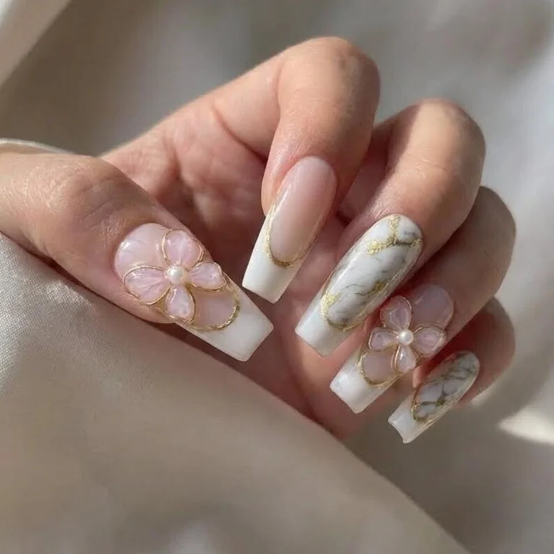 Gold Chrome, French Tip Nails, press on nails, custom press on nails, fake nails, Nails Art, stained glass nails, gold press on nails, 3d press on nails, luxury press on nails, handmade press on nails