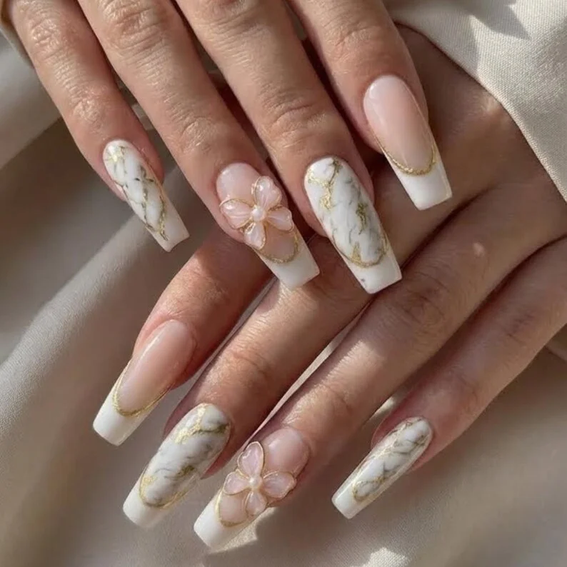 Chrome French Tip, Gold Marble Nails, press on nails, custom press on nails, fake nails, Nails Art, stained glass nails, gold press on nails, 3d press on nails, luxury press on nails, handmade press on nails