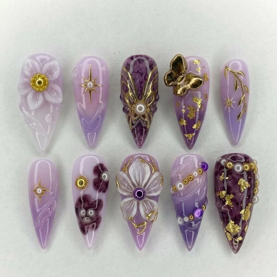 lavender pearl, floral art nails, press on nails, custom press on nails, fake nails, Nails Art, stained glass nails, gold press on nails, 3d press on nails, luxury press on nails, handmade press on nails