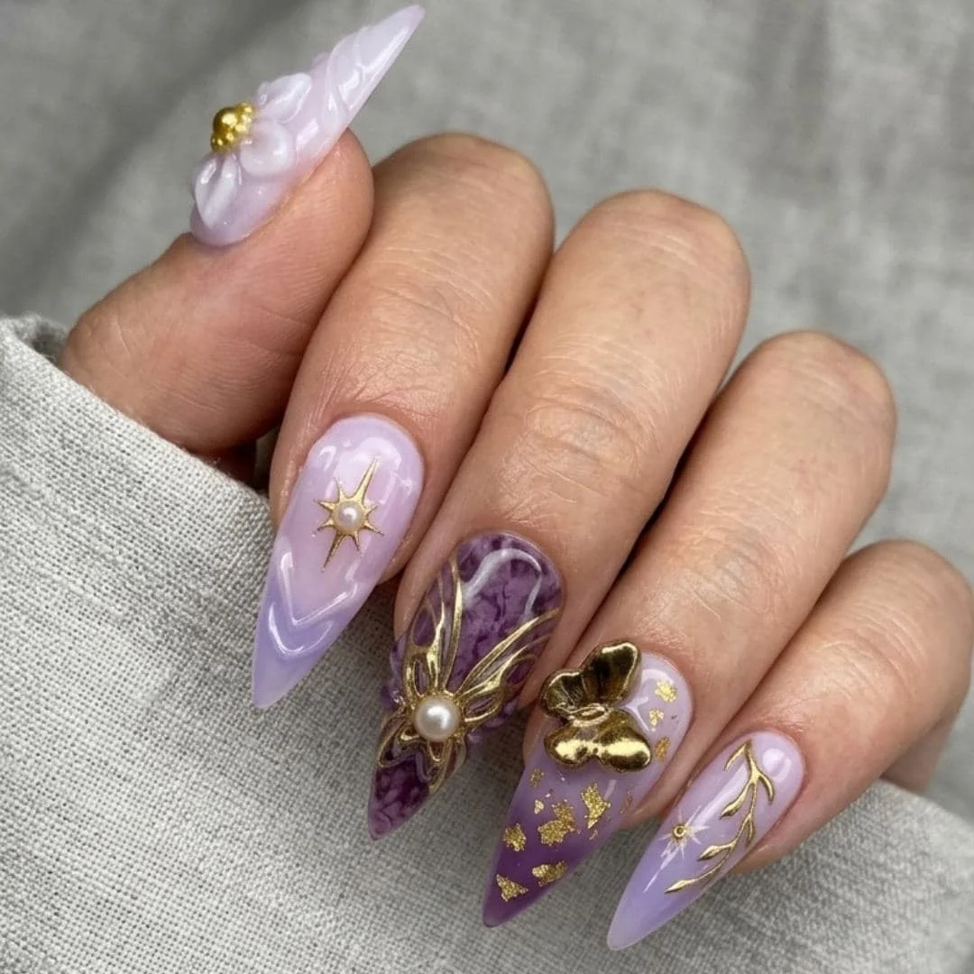 lavender pearl, floral art nails, press on nails, custom press on nails, fake nails, Nails Art, stained glass nails, gold press on nails, 3d press on nails, luxury press on nails, handmade press on nails