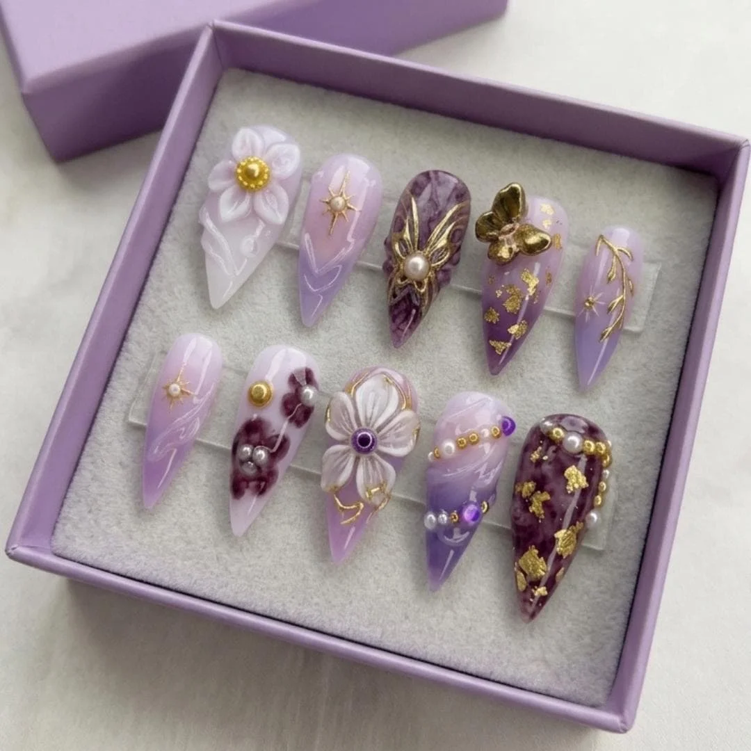fairycore nails, stiletto fake nails, press on nails, custom press on nails, fake nails, Nails Art, stained glass nails, gold press on nails, 3d press on nails, luxury press on nails, handmade press on nails