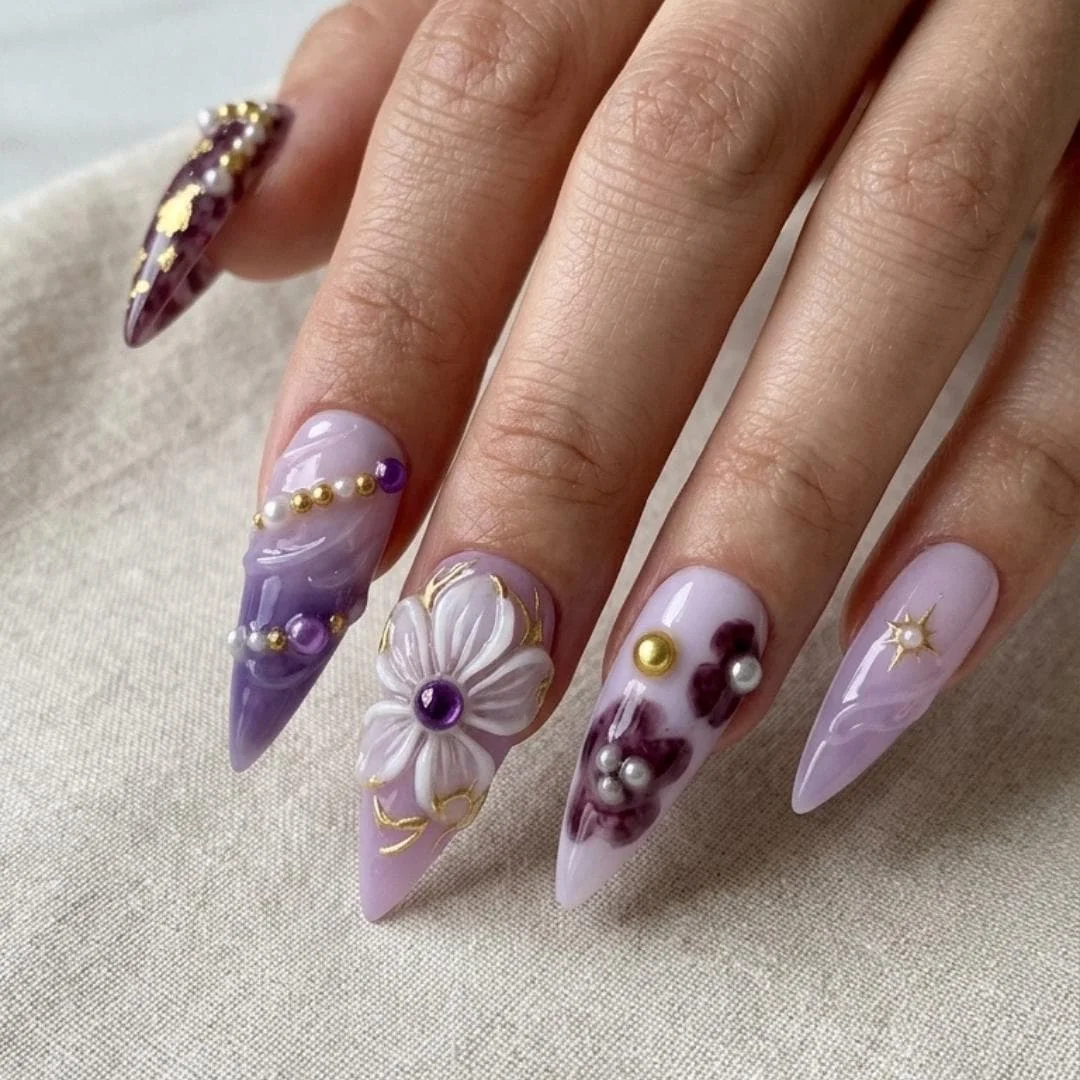 pearl floral, lavender stiletto, press on nails, custom press on nails, fake nails, Nails Art, stained glass nails, gold press on nails, 3d press on nails, luxury press on nails, handmade press on nails