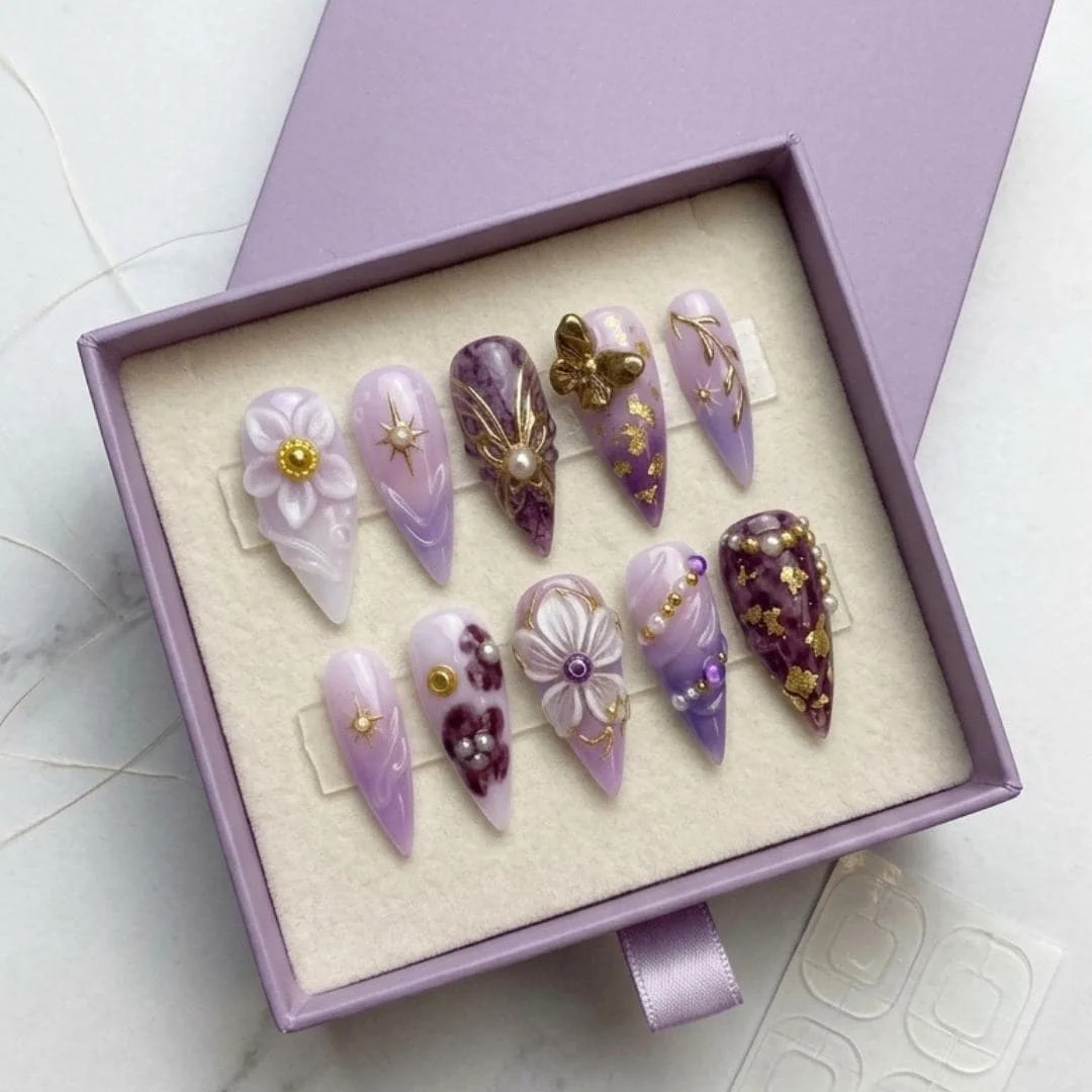 3D butterfly nails, press on nails, custom press on nails, fake nails, Nails Art, stained glass nails, gold press on nails, 3d press on nails, luxury press on nails, handmade press on nails