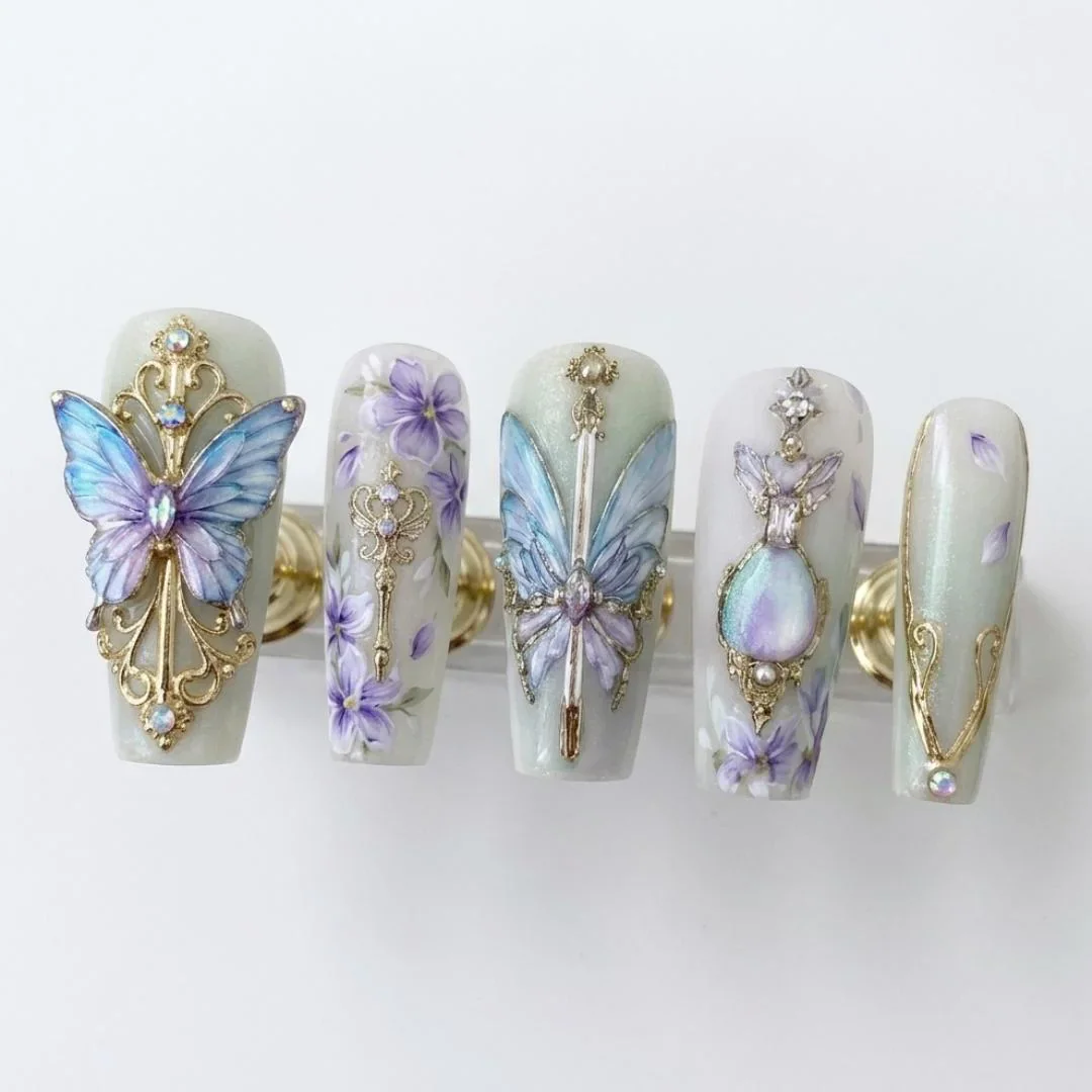 3D Butterfly Nails, Press On Nails, press on nails, custom press on nails, fake nails, Nails Art, stained glass nails, gold press on nails, 3d press on nails, luxury press on nails, handmade press on nails