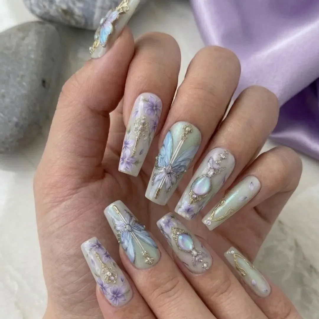 Sage Green Potion, 3D Butterfly Design, press on nails, custom press on nails, fake nails, Nails Art, stained glass nails, gold press on nails, 3d press on nails, luxury press on nails, handmade press on nails
