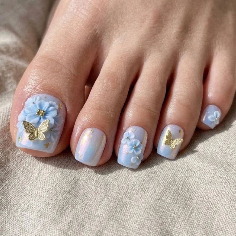 3D Butterfly Press On, Iridescent Blue Toes, press on nails, custom press on nails, fake nails, Nails Art, stained glass nails, gold press on nails, 3d press on nails, luxury press on nails, handmade press on nails