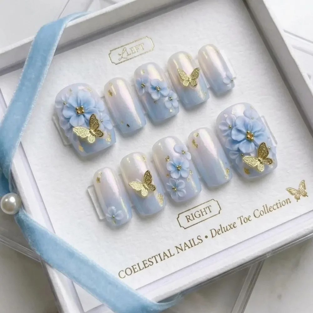 Iridescent Blue Flower, Luxury Gold Foil, press on nails, custom press on nails, fake nails, Nails Art, stained glass nails, gold press on nails, 3d press on nails, luxury press on nails, handmade press on nails
