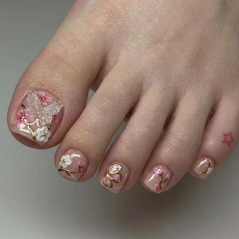 3D Butterfly Toes, Sakura Press On, press on nails, custom press on nails, fake nails, Nails Art, stained glass nails, gold press on nails, 3d press on nails, luxury press on nails, handmade press on nails