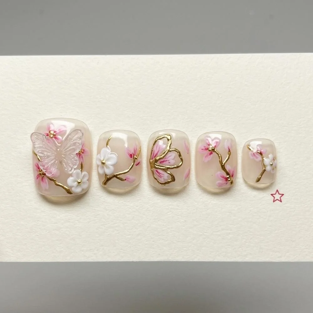 3D Floral Nails, Sakura Toe Nails, press on nails, custom press on nails, fake nails, Nails Art, stained glass nails, gold press on nails, 3d press on nails, luxury press on nails, handmade press on nails