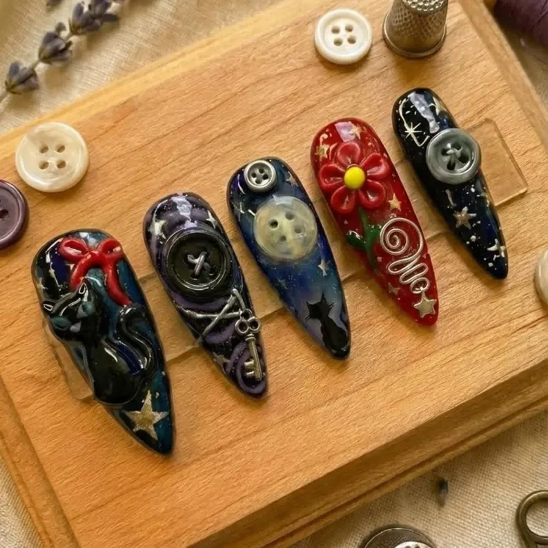 3D button nails, black cat nails, press on nails, custom press on nails, fake nails, Nails Art, stained glass nails, gold press on nails, 3d press on nails, luxury press on nails, handmade press on nails