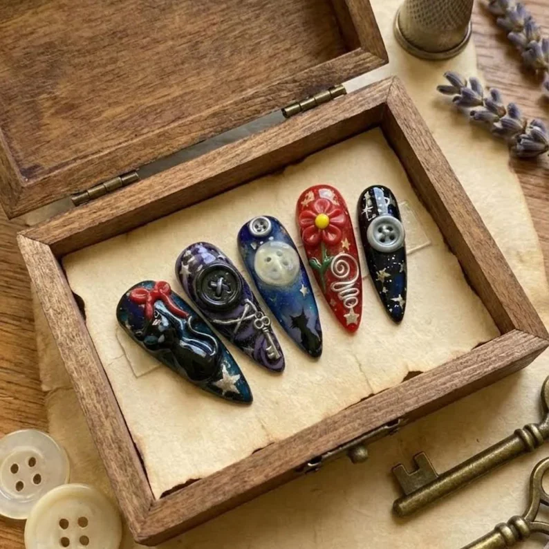 3D button nails, black cat nails, press on nails, custom press on nails, fake nails, Nails Art, stained glass nails, gold press on nails, 3d press on nails, luxury press on nails, handmade press on nails