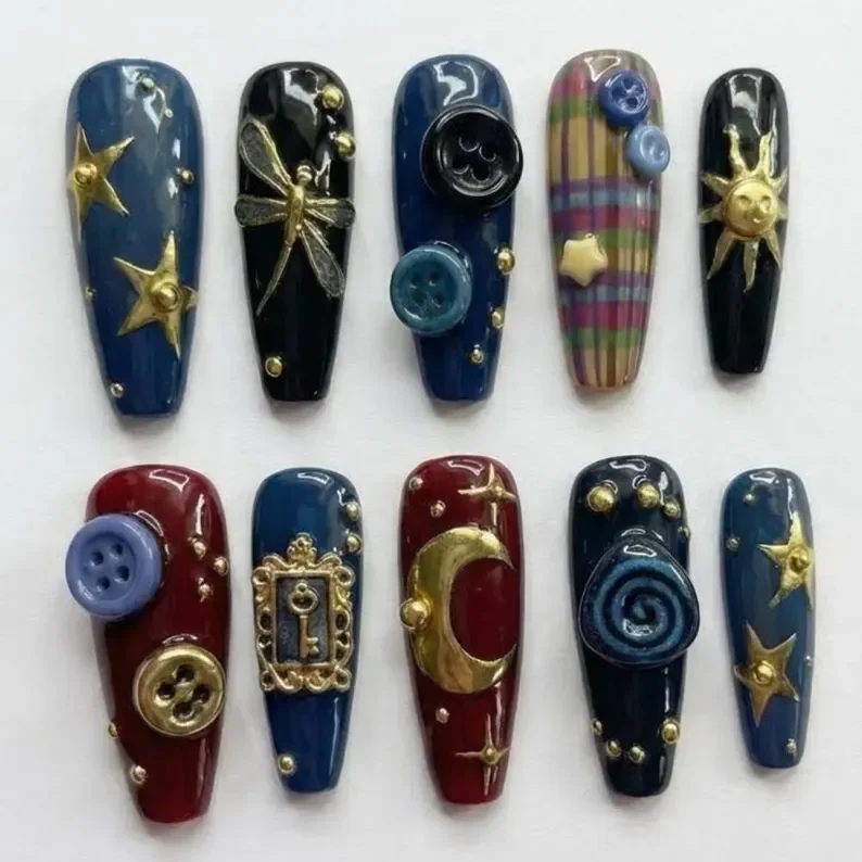 3D button nails, press on nails, custom press on nails, fake nails, Nails Art, stained glass nails, gold press on nails, 3d press on nails, luxury press on nails, handmade press on nails