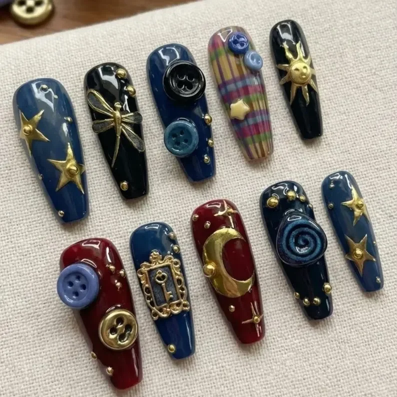 gothic plaid, dragonfly nail art, press on nails, custom press on nails, fake nails, Nails Art, stained glass nails, gold press on nails, 3d press on nails, luxury press on nails, handmade press on nails