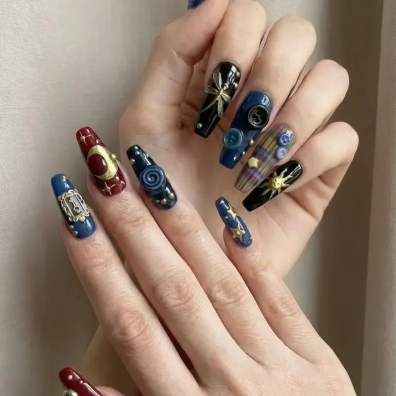 3D nail embellishments, button eye nails, press on nails, custom press on nails, fake nails, Nails Art, stained glass nails, gold press on nails, 3d press on nails, luxury press on nails, handmade press on nails
